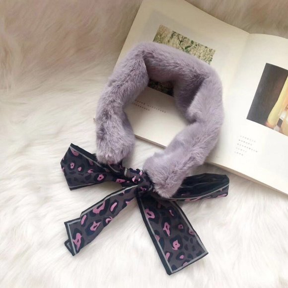Women Scarf Bow Tie Warm Plush Fur Purple Leopard - Picture 2 of 4